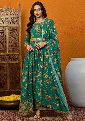 Green Printed Georgette Kurta Set