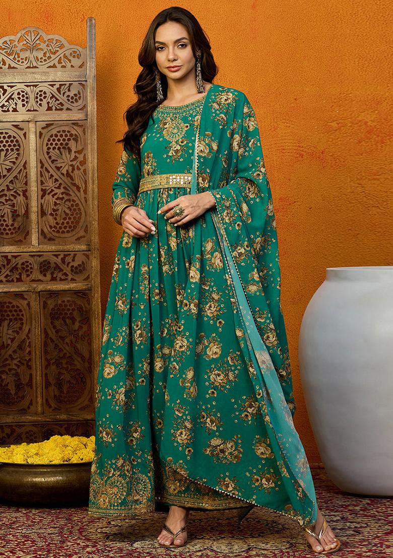 Green Printed Georgette Kurta Set