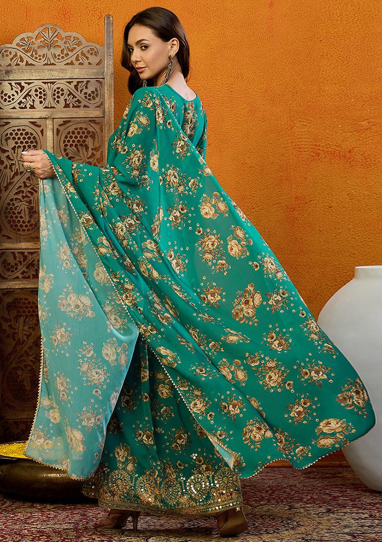 Green Printed Georgette Kurta Set