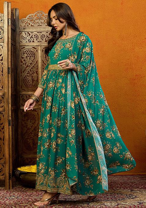 Green Printed Georgette Kurta Set