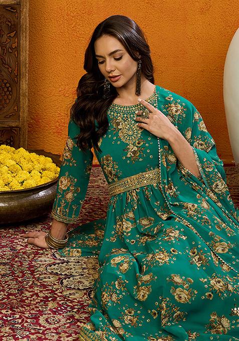 Green Printed Georgette Kurta Set