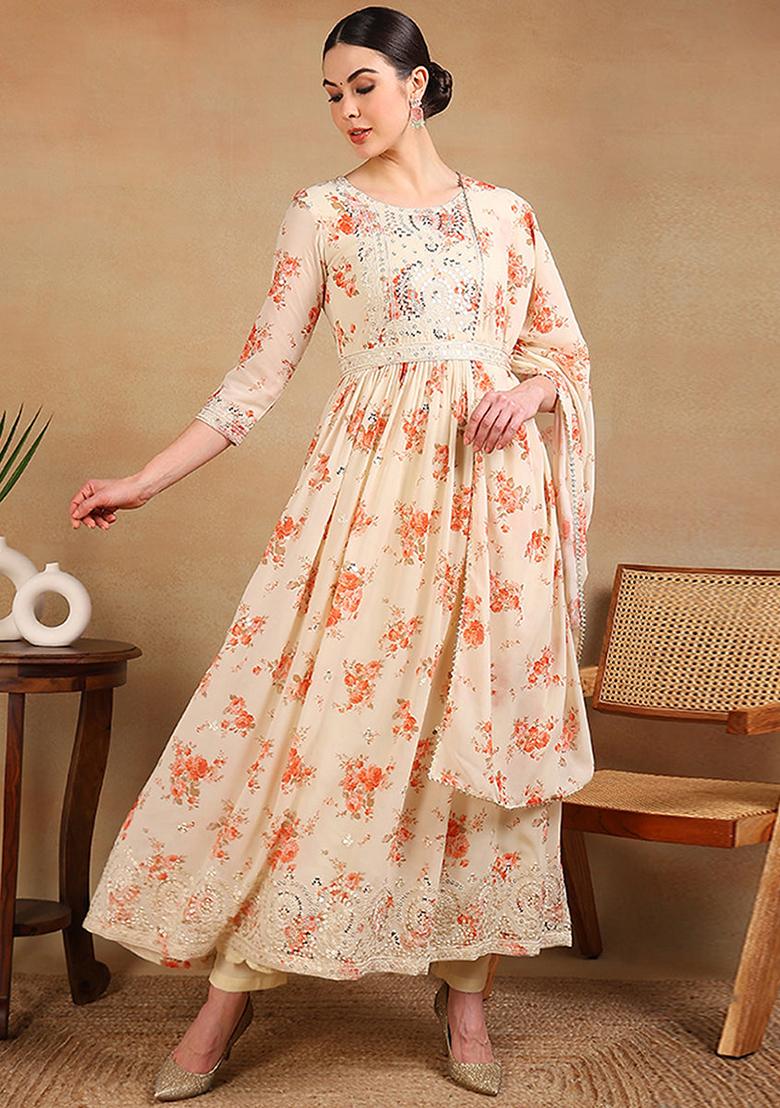 Off White Printed Georgette Kurta Set