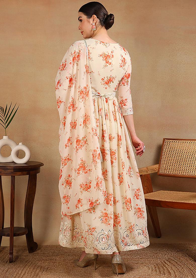 Off White Printed Georgette Kurta Set