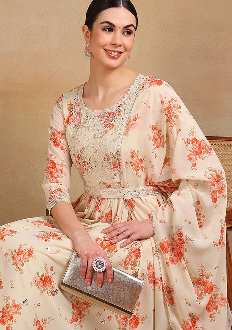 Off White Printed Georgette Kurta Set