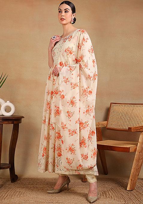 Off White Printed Georgette Kurta Set