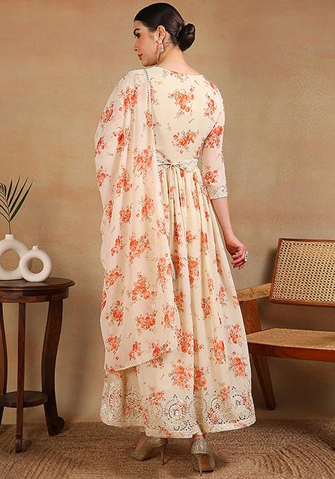 Off White Printed Georgette Kurta Set