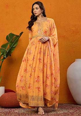 Orange Printed Georgette Kurta Set