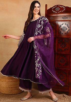 Purple Embroidered Silk Blend Kurta Set