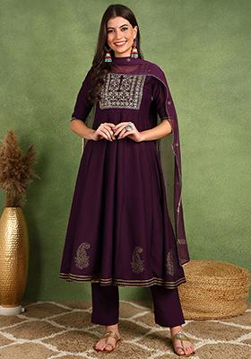 Purple Embroidered Silk Blend Kurta Set