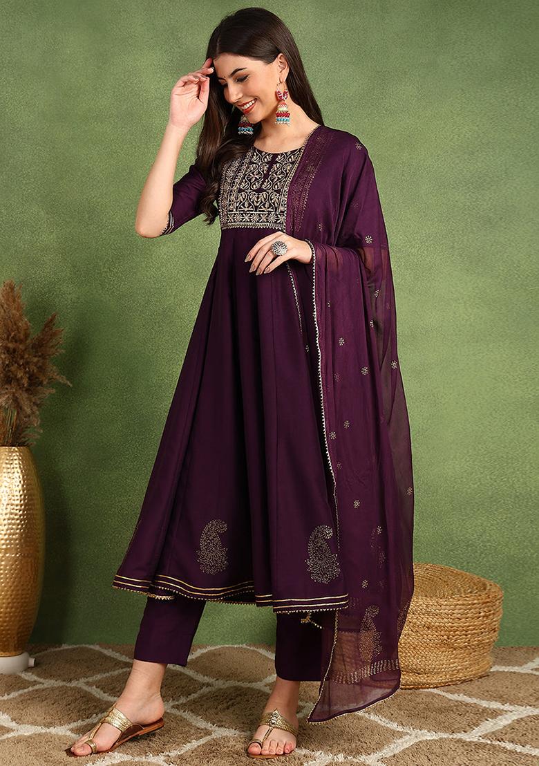 Purple Embroidered Silk Blend Kurta Set