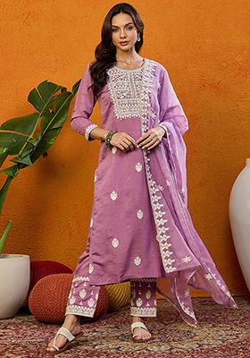 Pink Embroidered Silk Blend Kurta Set