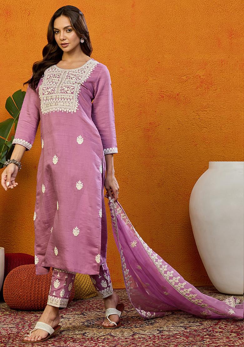 Pink Embroidered Silk Blend Kurta Set