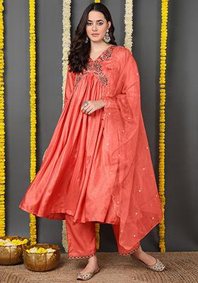 Orange Embroidered Silk Blend Kurta Set