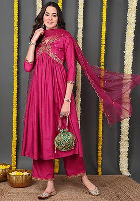 Pink Embroidered Silk Blend Kurta Set