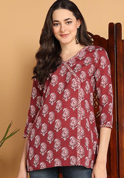Maroon Printed Cotton Blend Top