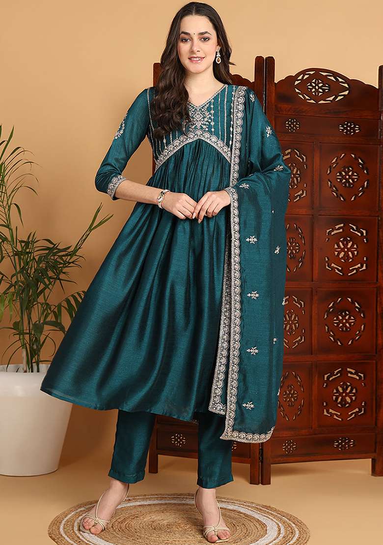 Green Embroidered Blended Anarkali Set - Indya