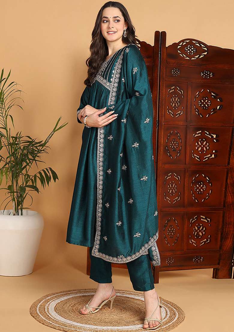 Green Embroidered Blended Anarkali Set - Indya