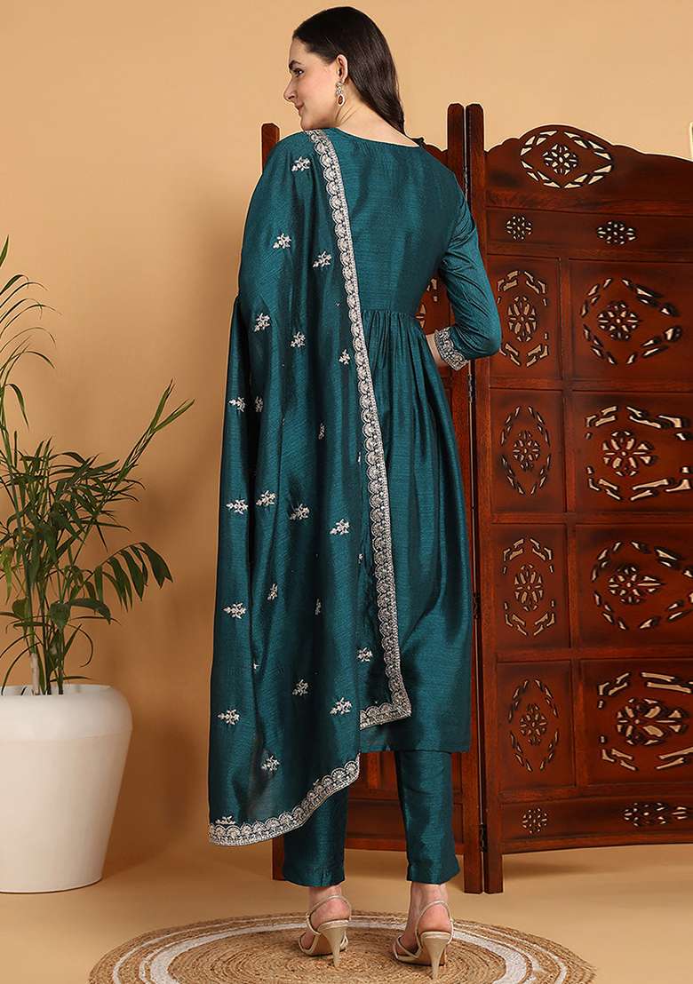 Green Embroidered Blended Anarkali Set - Indya