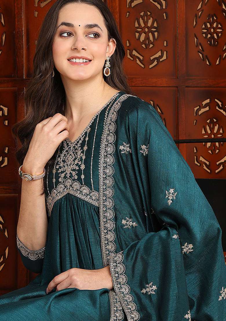 Green Embroidered Blended Anarkali Set - Indya