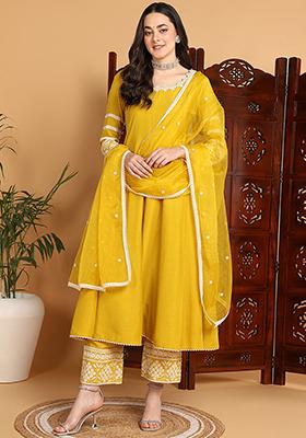 Yellow Embroidered Silk Blend Kurta Set