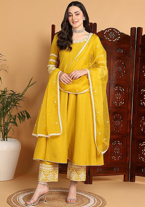 Yellow Embroidered Silk Blend Kurta Set