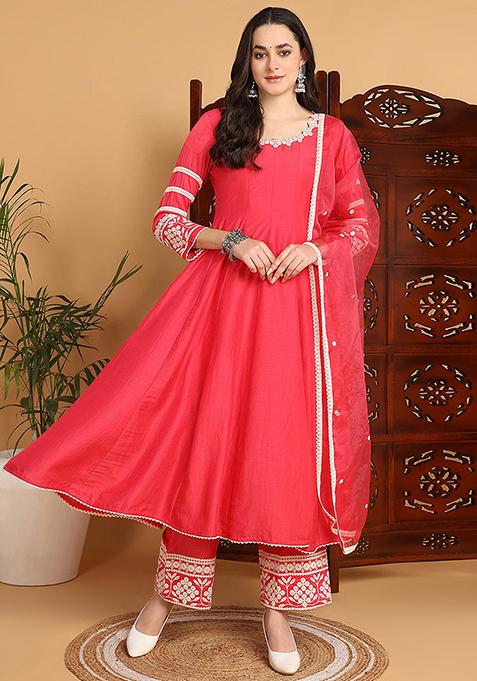 Pink Embroidered Silk Blend Anarkali Set
