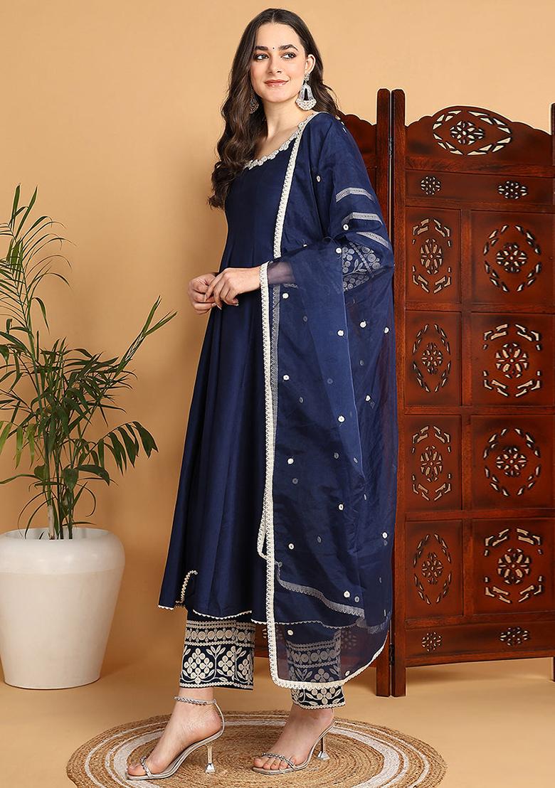 Navy Blue Embroidered Silk Blend Kurta Set