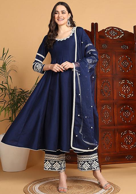 Navy Blue Embroidered Silk Anarkali Set