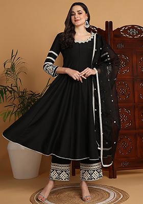 Black Embroidered Silk Blend Kurta Set