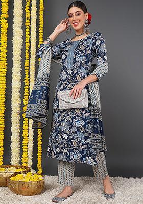 Blue Printed Rayon Blend Kurta Set