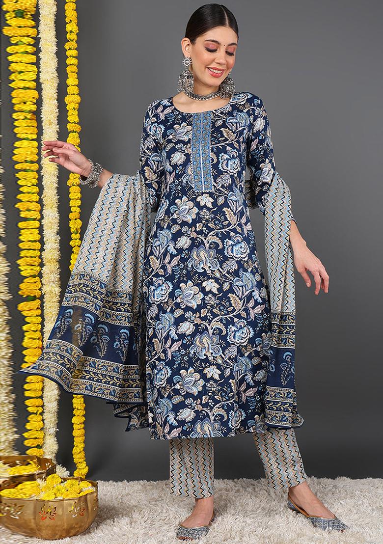 Blue Printed Rayon Blend Kurta Set