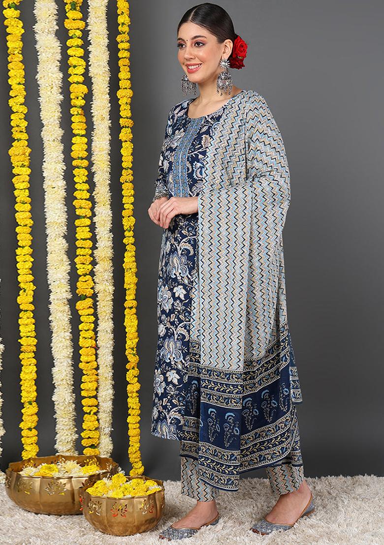 Blue Printed Rayon Blend Kurta Set
