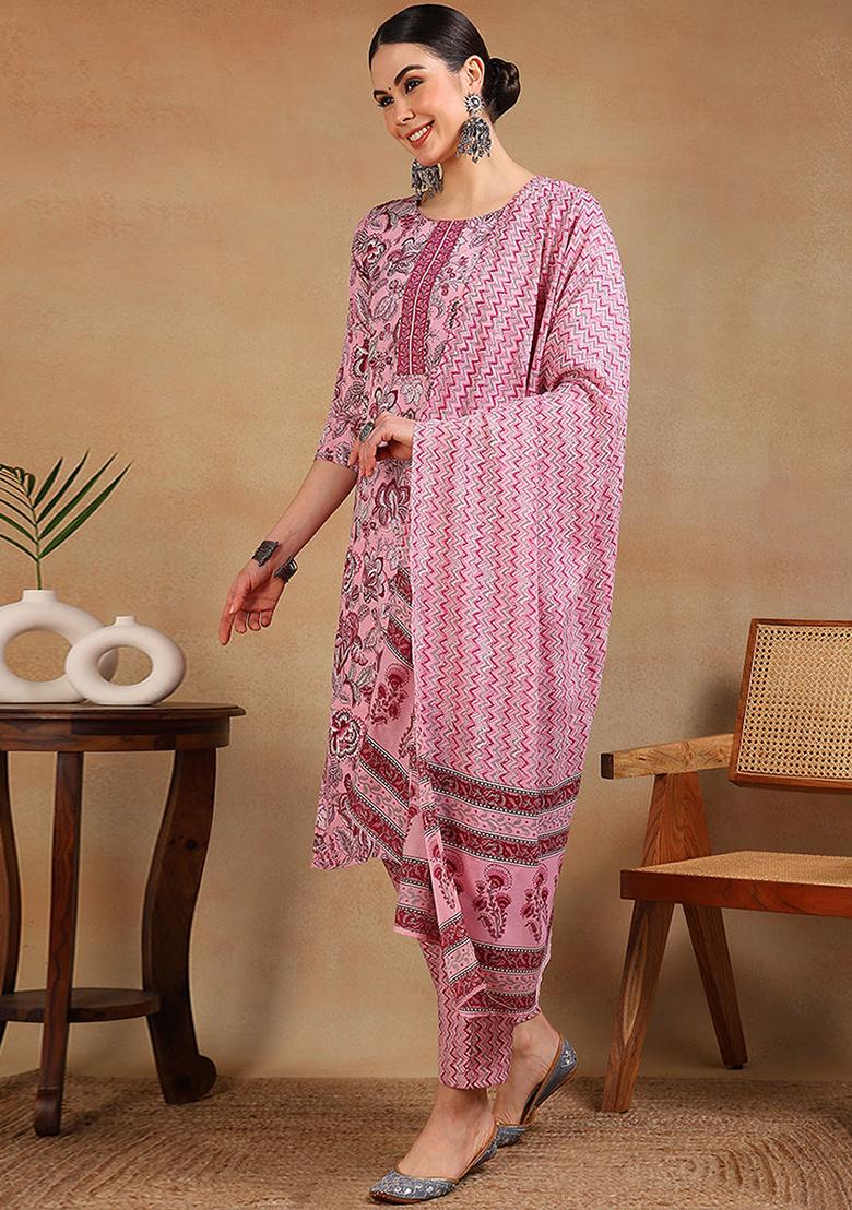 Pink Printed Rayon Blend Kurta Set