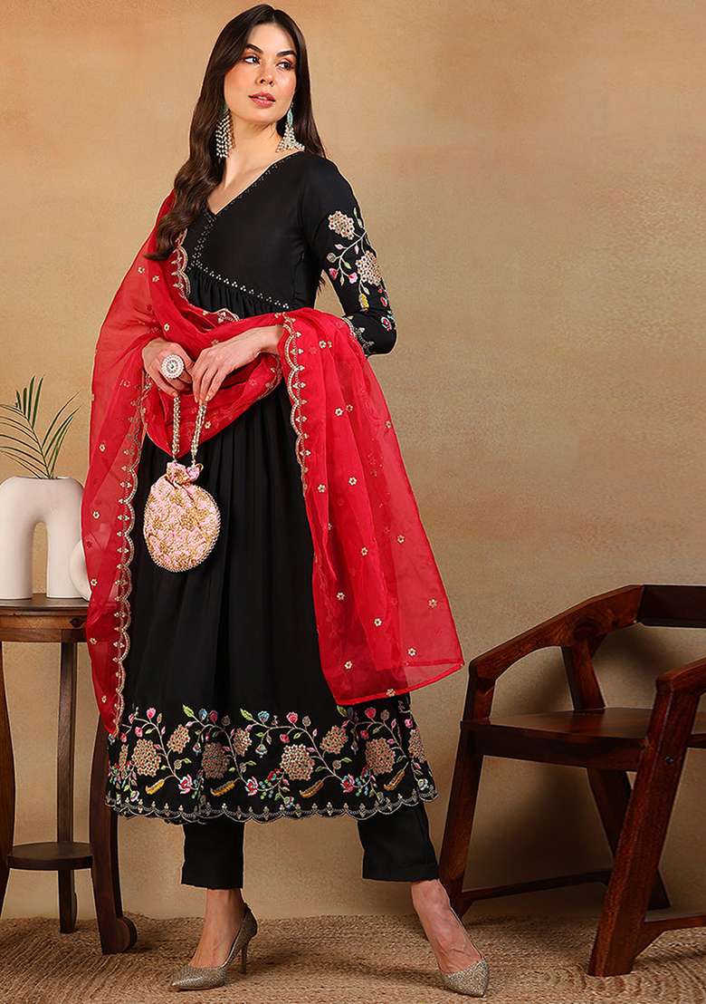 Black Embroidered Blended Anarkali Set - Indya