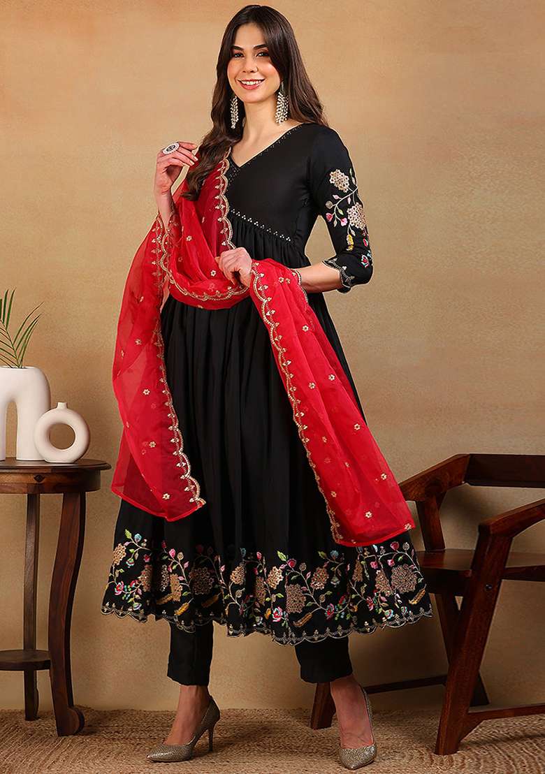 Black Embroidered Blended Anarkali Set - Indya