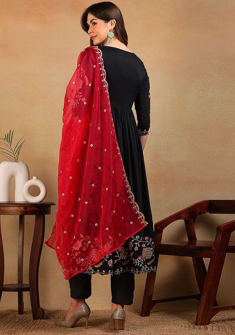 Black Embroidered Blended Anarkali Set - Indya