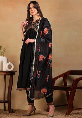 Black Embroidered Silk Blend Kurta Set