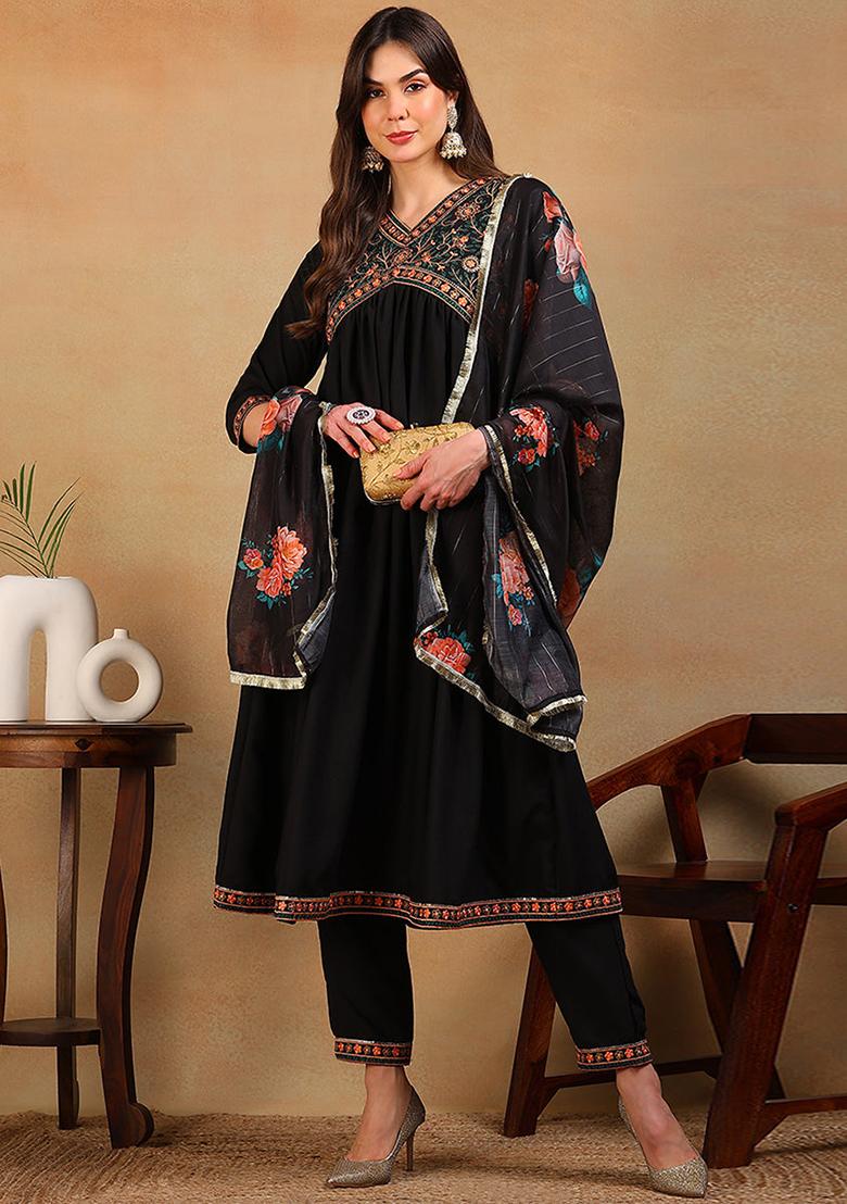 Black Embroidered Silk Blend Kurta Set