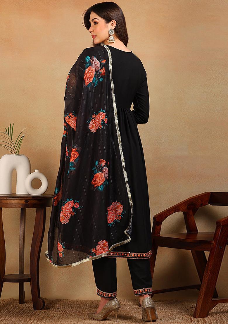 Black Embroidered Silk Blend Kurta Set