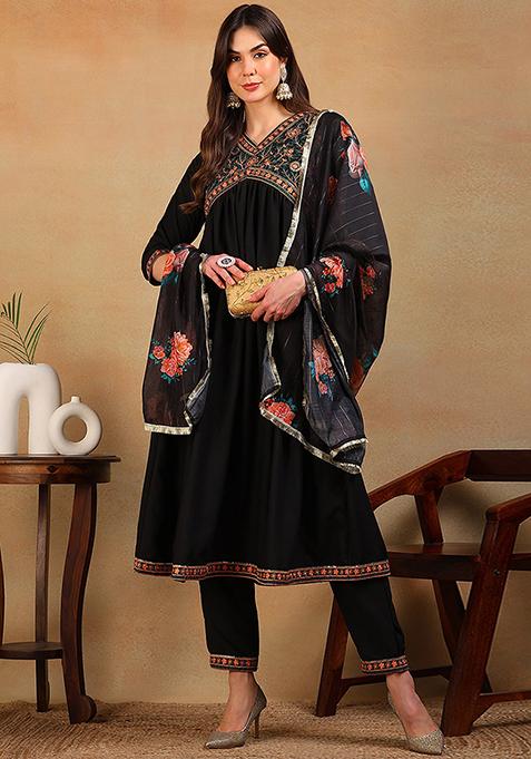 Black Embroidered Silk Blend Kurta Set