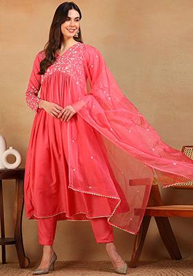 Pink Embroidered Silk Blend Kurta Set
