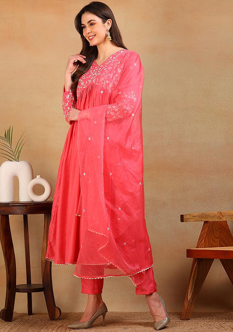 Pink Embroidered Silk Blend Kurta Set