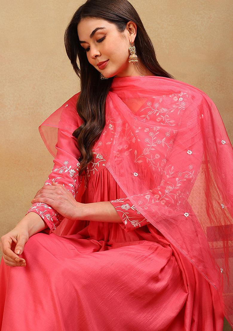 Pink Embroidered Silk Blend Kurta Set