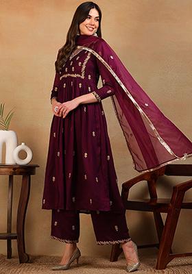 Purple Embroidered Silk Blend Kurta Set