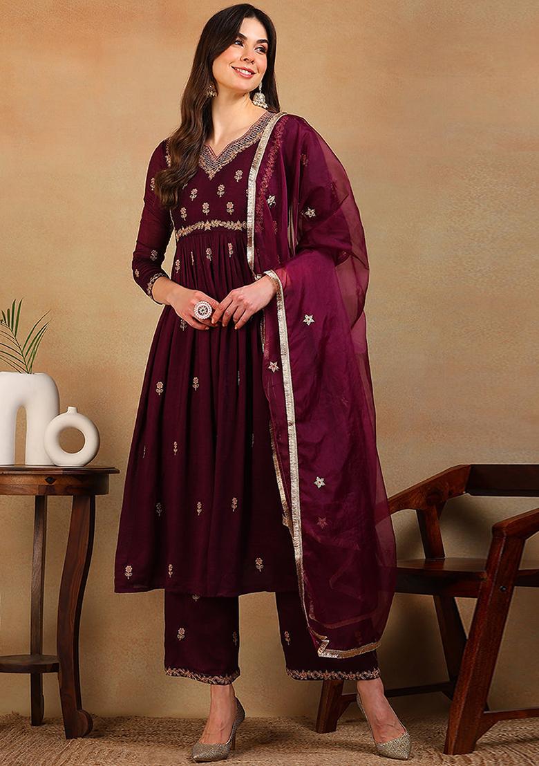 Purple Embroidered Silk Blend Kurta Set