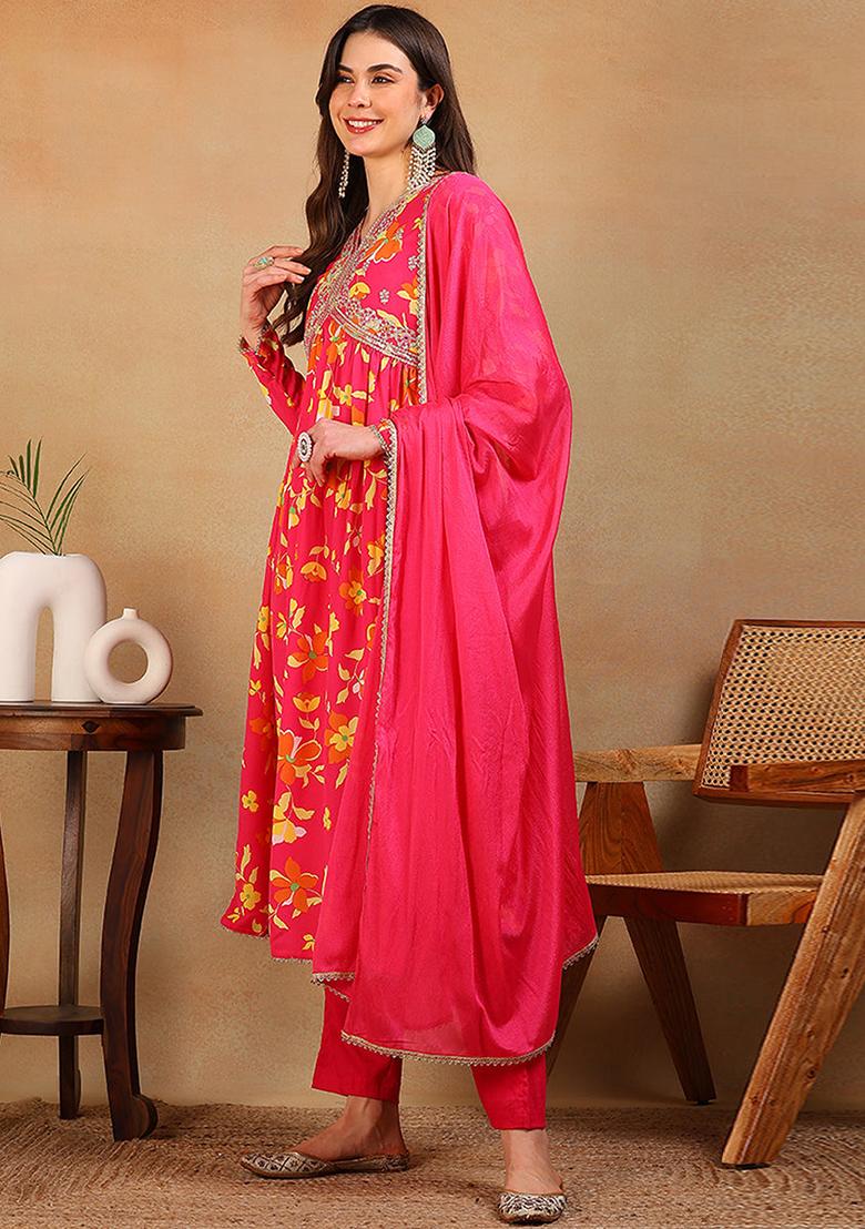 Pink Printed Poly Georgette Kurta Set