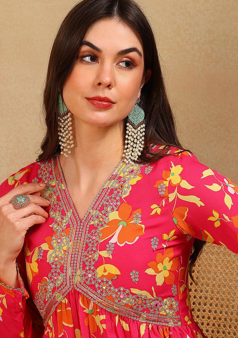 Pink Printed Poly Georgette Kurta Set