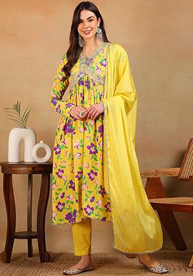 Yellow Printed Poly Georgette Kurta Set