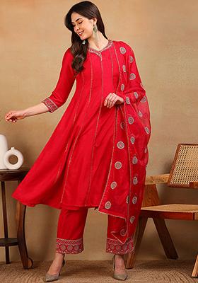 Red Embroidered Silk Blend Kurta Set