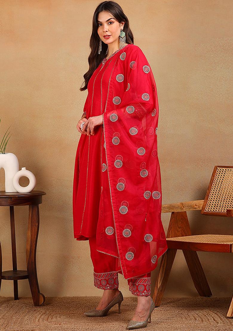 Red Embroidered Silk Blend Kurta Set